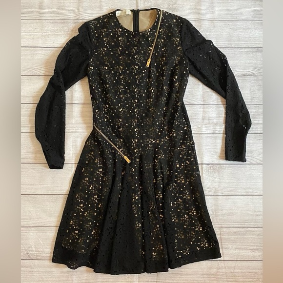 Stella McCartney Long Sleeve Black Lace Dress with Gold Zipper Accents - Picture 2 of 9